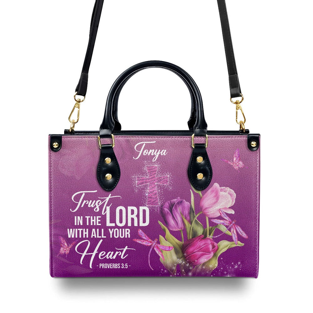 Personalized Christian Leather Bag, Trust In The Lord With All Your Heart Proverbs 35 Tulip And Cross Leather Handbag, Faith Handbag - Image 3