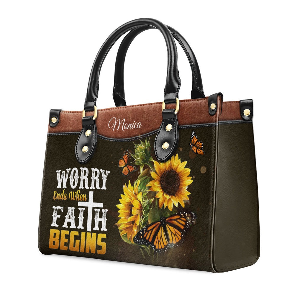 Personalized Christian Leather Bag, Worry Ends When Faith Begins - Lovely Personalized Butterfly Leather Handbag, Faith Handbag - Image 2