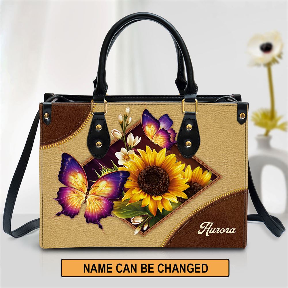 Personalized Sunflower And Butterfly Leather Handbag, Gifts For Women Of God