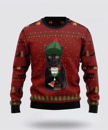 Pet Cat Sweater, Black Cat Coffee Ugly Christmas Sweater, Gift For Cat Love, Cat Crewneck Sweater, Winter Fashion