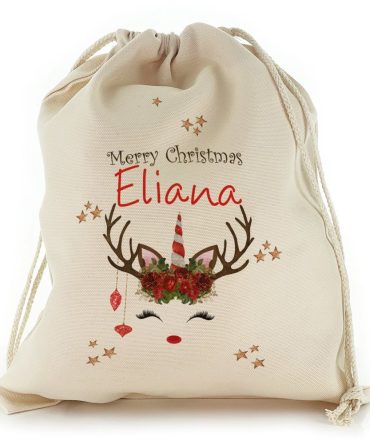 Red Text and Red White Spiral Rose Reindeer Unicorn Christmas Sack, Gift For Chidren, Christmas Bag Gift, Christmas Gift 2023