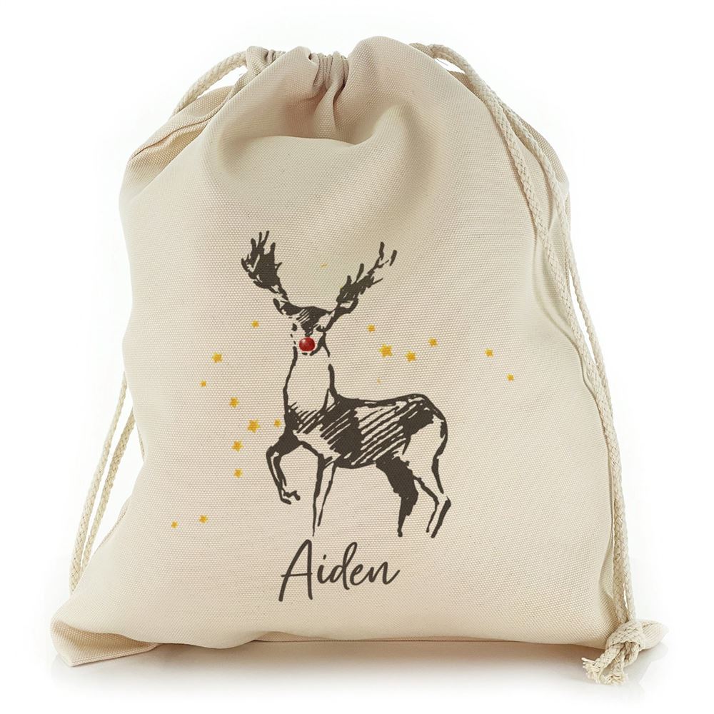 Stylish Text and Red Nose Reindeer Star Sketch Christmas Sack, Gift For Chidren, Christmas Bag Gift, Christmas Gift 2023