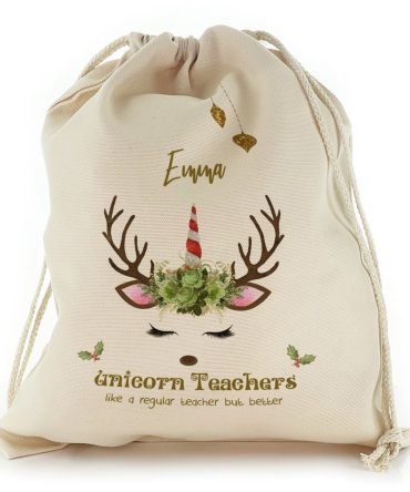 Teachers Name and Green Reindeer Unicorn Christmas Sack, Gift For Chidren, Christmas Bag Gift, Christmas Gift 2023
