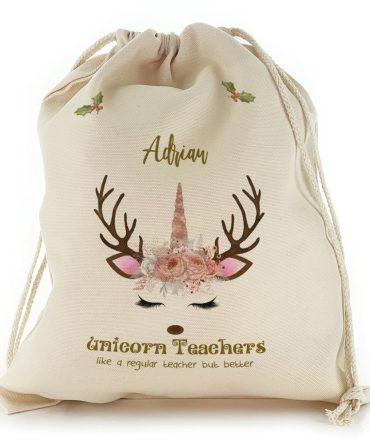 Teachers Name and Pink Reindeer Unicorn Christmas Sack, Gift For Chidren, Christmas Bag Gift, Christmas Gift 2023