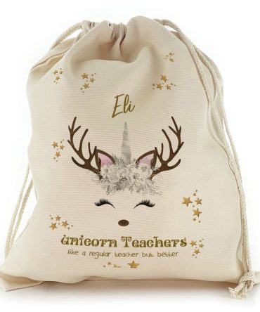 Teachers Name and White Reindeer Unicorn Christmas Sack, Gift For Chidren, Christmas Bag Gift, Christmas Gift 2023