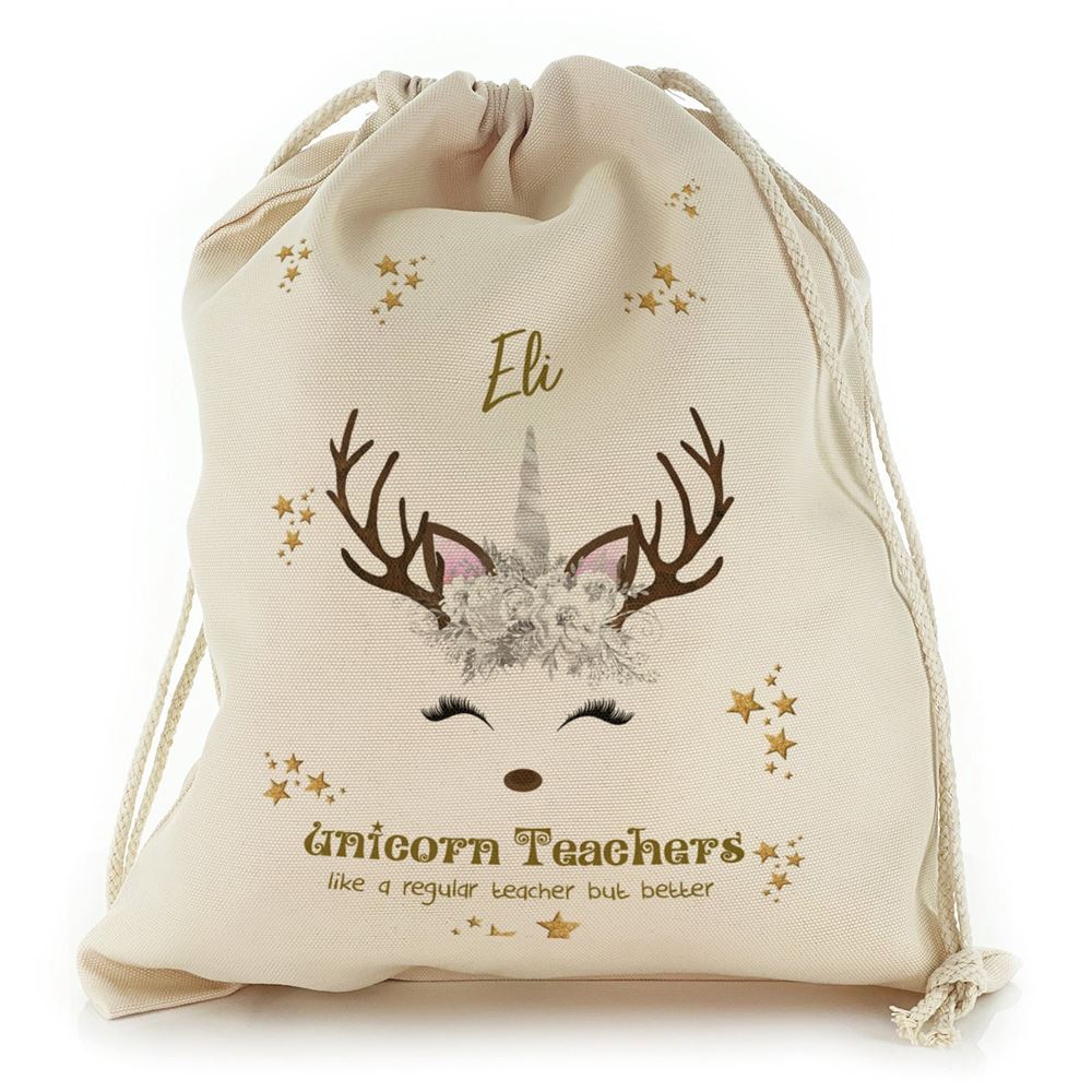 Teachers Name and White Reindeer Unicorn Christmas Sack, Gift For Chidren, Christmas Bag Gift, Christmas Gift 2023