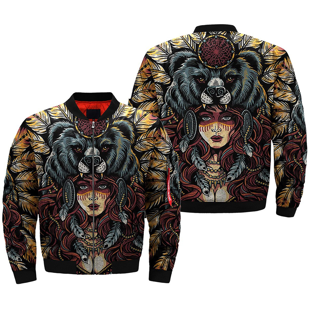Bear And Girl Native Bomber Jacket 3D Print