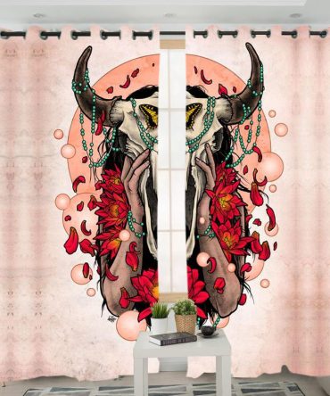 Bison Skull Head Pink Native American Living Room Curtain no link