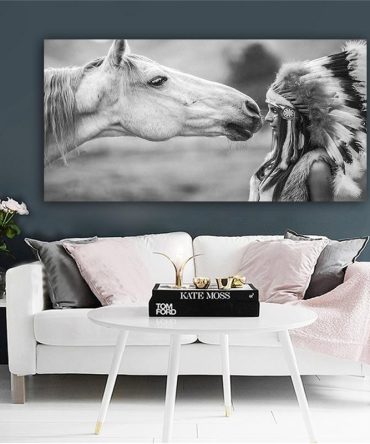 Black and White Native Girl With Horse Native American Canvas