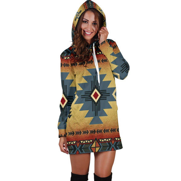 Blue Diamond Triangles Native American Hoodie Dress - Image 4