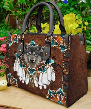 Blue Mandala Feather Wolf Native Leather Bag