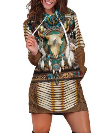 Brown Native Buffalo Skull Hoodie Dress