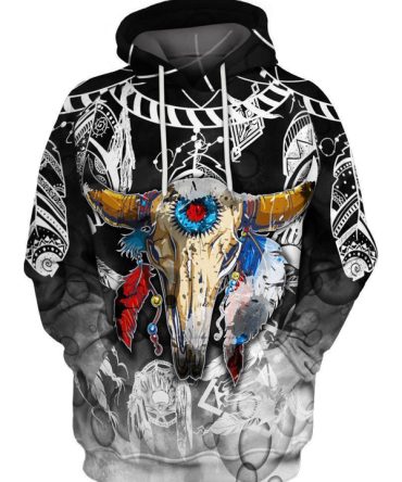 Black Native American Style Hoodies Colorful Buffalo Skull