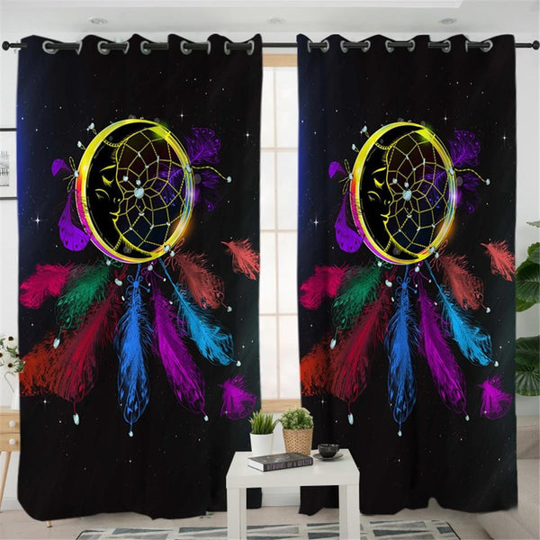 Dreamcatcher Colorful Feathers Black Native American Design Window Living Room Curtain - Image 3