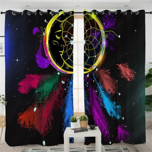 Dreamcatcher Colorful Feathers Black Native American Design Window Living Room Curtain - Image 4