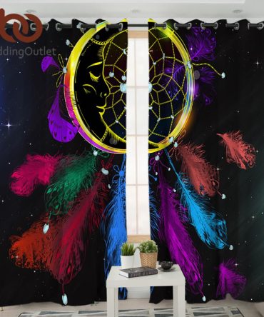 Dreamcatcher Colorful Feathers Black Native American Design Window Living Room Curtain