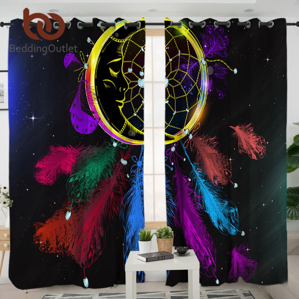 Dreamcatcher Colorful Feathers Black Native American Design Window Living Room Curtain