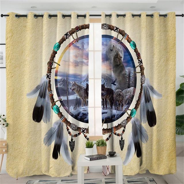 Dreamcatcher Tribal Wolves Native American Design Living Room Curtain