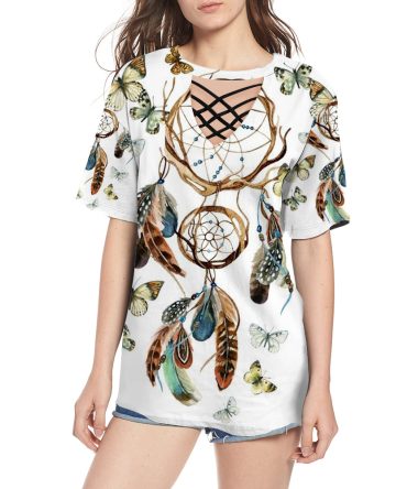 Feathers Dream Catcher Round Neck Hollow Out Tshirt