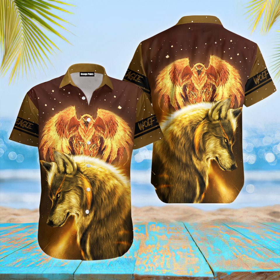 Fire Eagle And Wolf Aloha Hawaiian Shirts