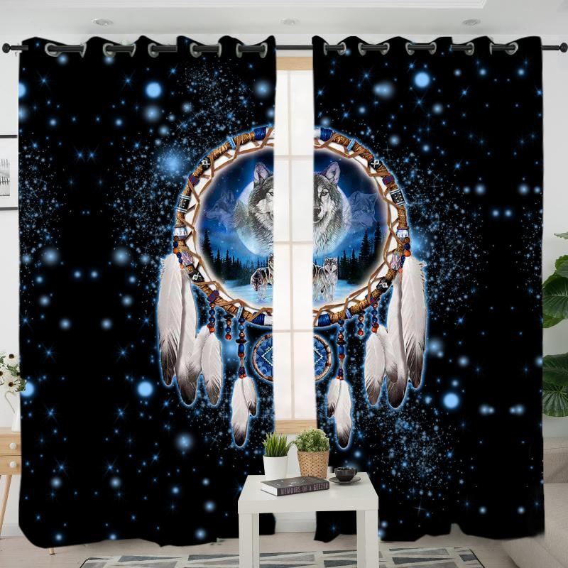 Galaxy Dreamcatcher Wolf Native American Living Room Curtain