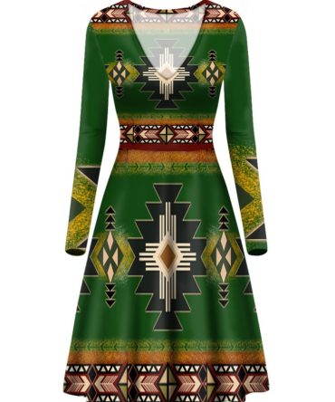 Southwest Green Symbol Native American V-Long Sleeve Dress