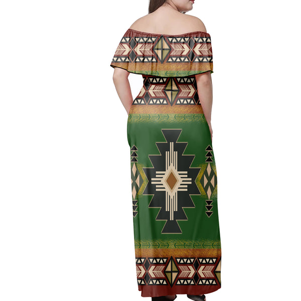 Southwest Green Symbol Native American Off Shoulder Dress - Image 3