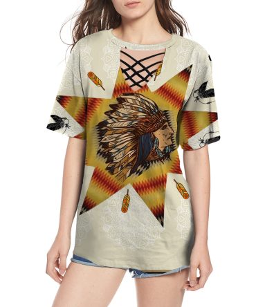 Running Hourse Chief Native American Round Neck Hollow Out Tshirt