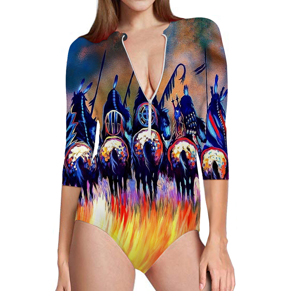 Warriors Native American Women's Long Sleeve One Piece Swimsuit