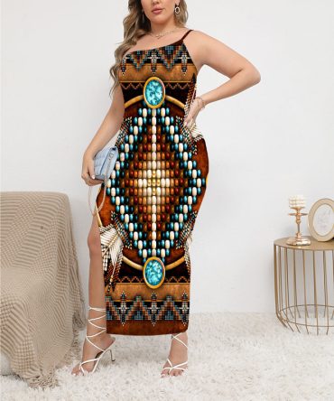 Mandala Brown Arts Oblique-Shoulder Exposure Dress With Side Split