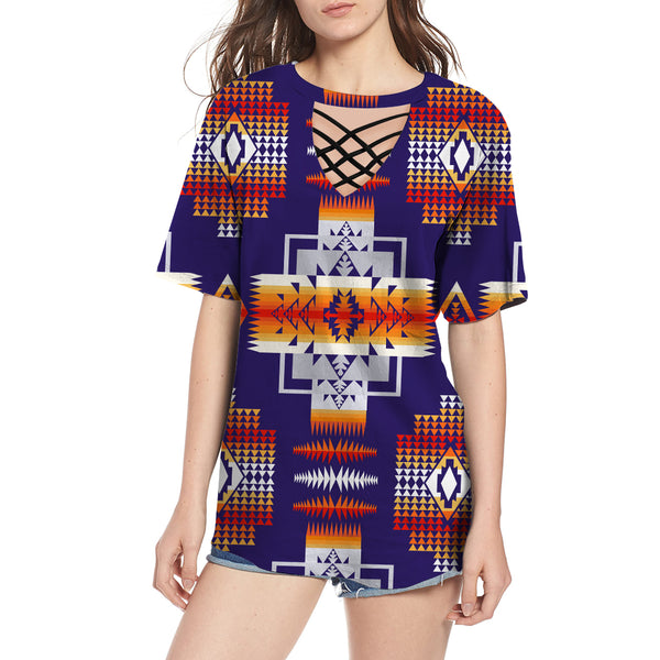 Purple Pattern Native American Round Neck Hollow Out Tshirt - Image 2