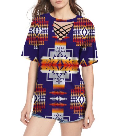 Purple Pattern Native American Round Neck Hollow Out Tshirt