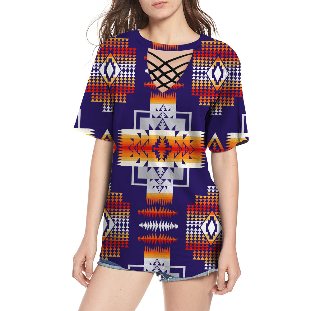 Purple Pattern Native American Round Neck Hollow Out Tshirt