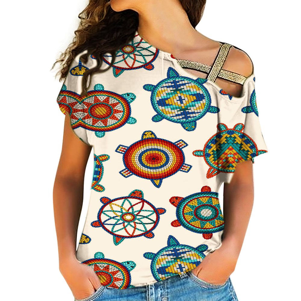 Mini Turtle Cream Native American Cross Shoulder Shirt