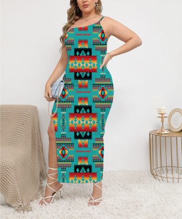 Blue Native Oblique-Shoulder Exposure Dress With Side Split