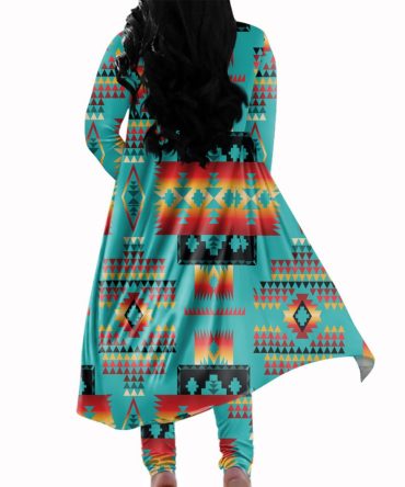 Blue Native Tribes Pattern Cardigan Coat Long Pant Set