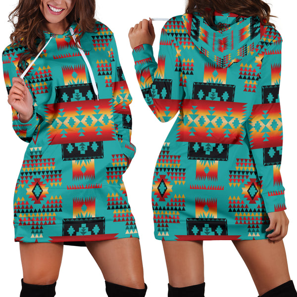 Blue Native Tribes Pattern Native American Hoodie Dress - Image 2