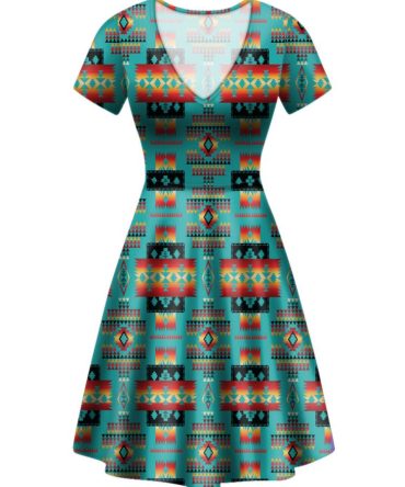 Blue Native Tribes Pattern Native American Neck Dress