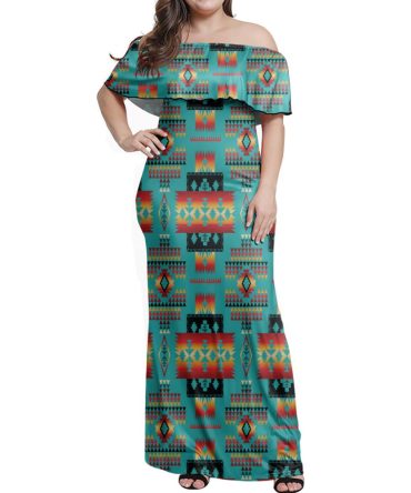 Blue Native Tribes Pattern Native American Off Shoulder Dress
