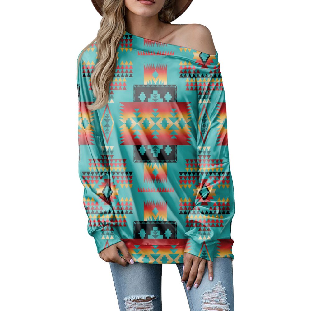 Blue Native Tribes Pattern Native American Off-shoulder Sweatshirt