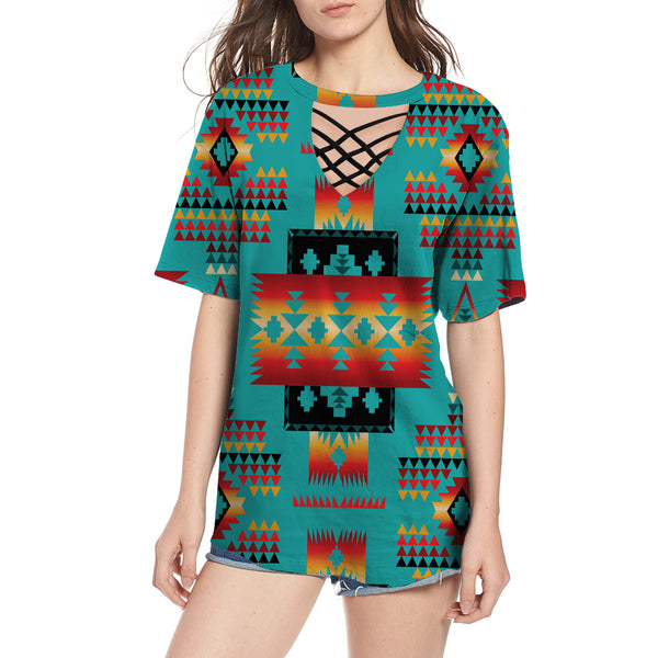 Blue Native Tribes Pattern Native American Round Neck Hollow Out Tshirt - Image 2
