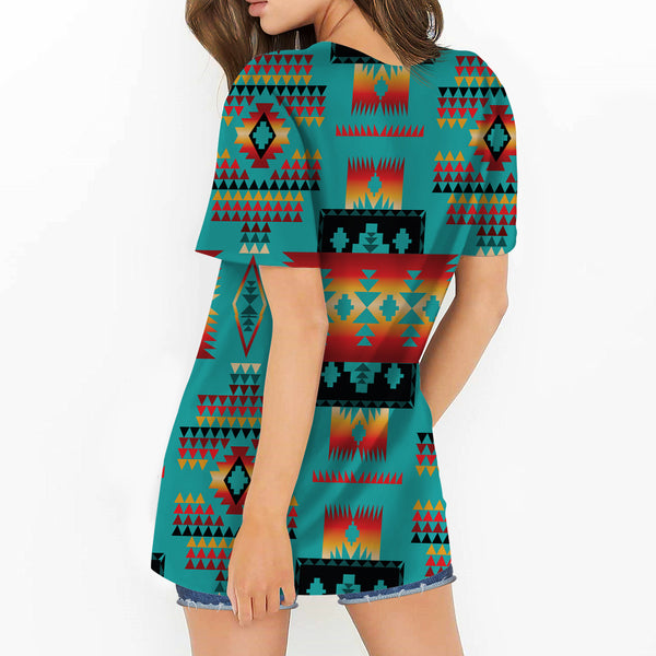 Blue Native Tribes Pattern Native American Round Neck Hollow Out Tshirt - Image 3