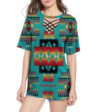 Blue Native Tribes Pattern Native American Round Neck Hollow Out Tshirt