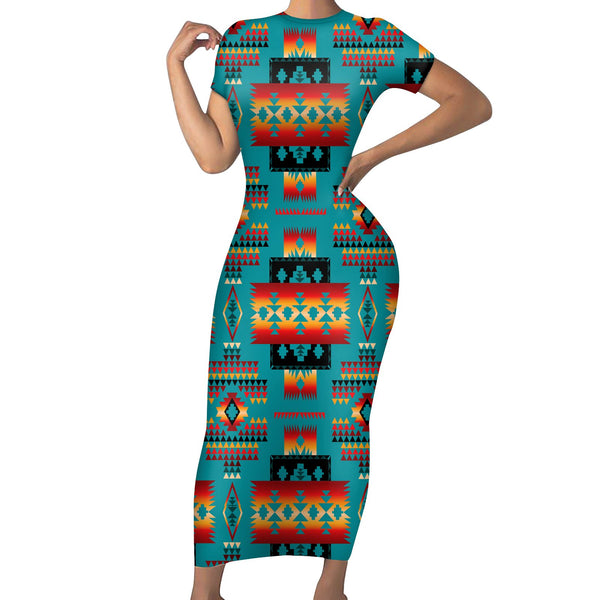 Blue Native Tribes Pattern Native American Short-Sleeved Body Dress - Image 2