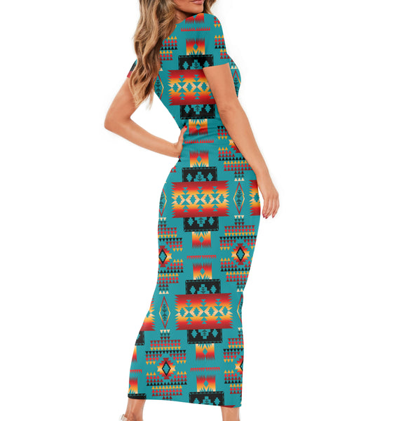 Blue Native Tribes Pattern Native American Short-Sleeved Body Dress - Image 3