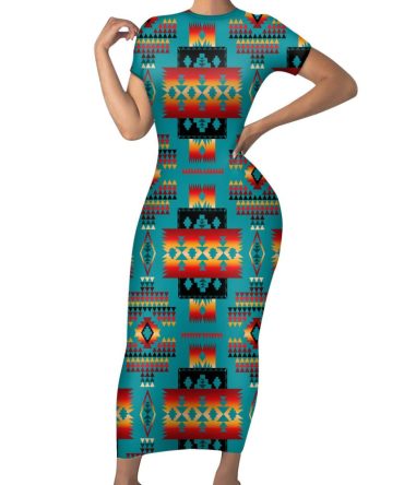 Blue Native Tribes Pattern Native American Short-Sleeved Body Dress