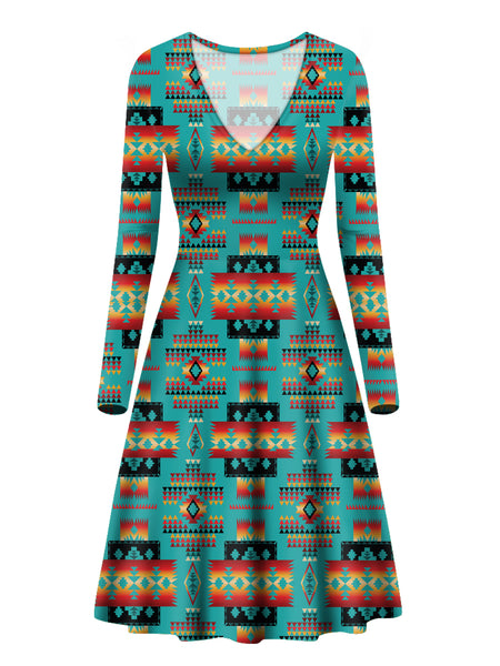 Blue Native Tribes Pattern Native American V-Long Sleeve Dress - Image 2