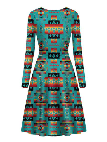 Blue Native Tribes Pattern Native American V-Long Sleeve Dress - Image 3