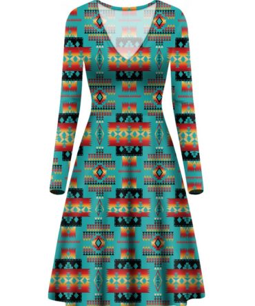 Blue Native Tribes Pattern Native American V-Long Sleeve Dress