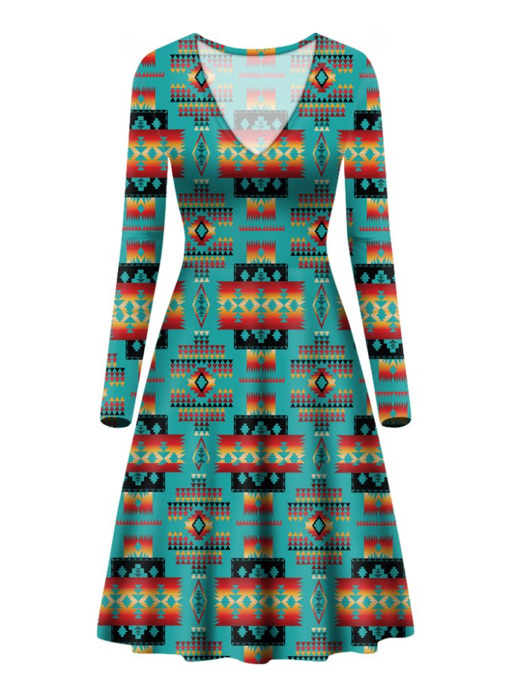 Blue Native Tribes Pattern Native American V-Long Sleeve Dress